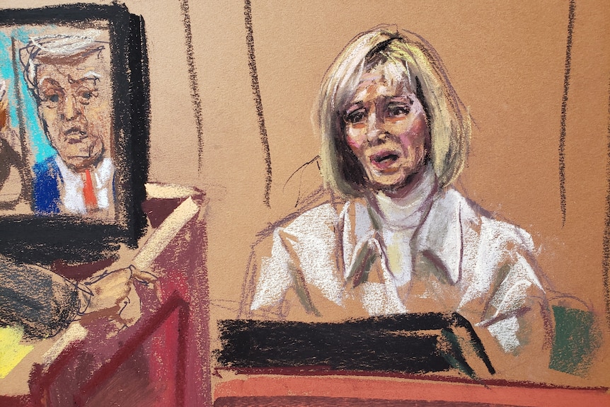 Courtroom sketch of a woman with blonde hair sitting on the stand a screen showing Donald Trump in the background.