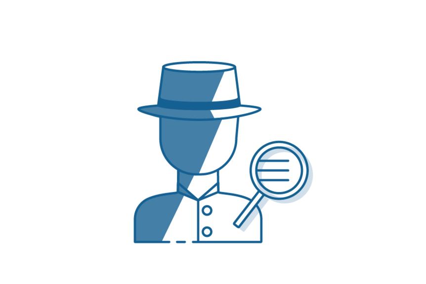 Icon drawing of person with hat and magnifying glass with half their body in shadow.