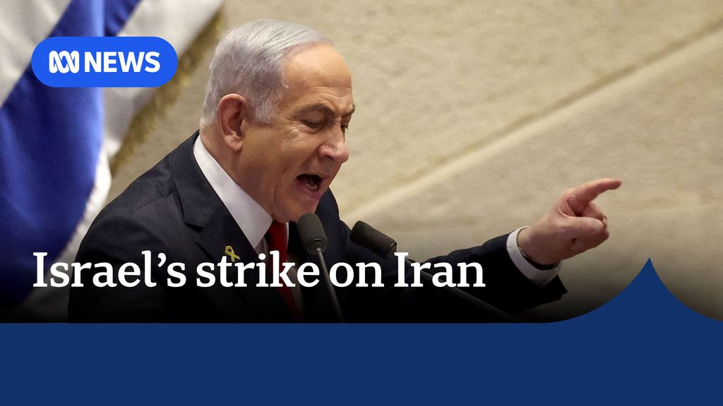 Israel's strike on Iran: Benjamin Netanyahy speaking forcefully into a microphone and indicating with a finger.