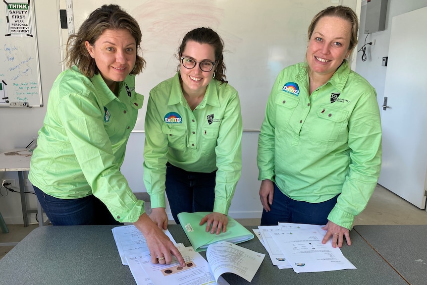 CQ University research officers Nikki Kelly, Molly O'Dea and Anna Day review surveys completed by students in the program