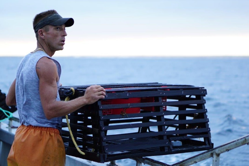 Man working with pots for lobsters out at sea.