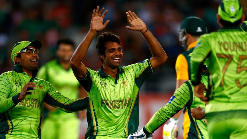 Rahat Ali of Pakistan celebrates his wicket of David Miller
