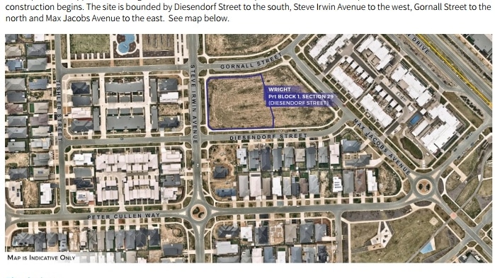 Image of map showing public housing project for Diesendorf Street in Wright, Canberra.