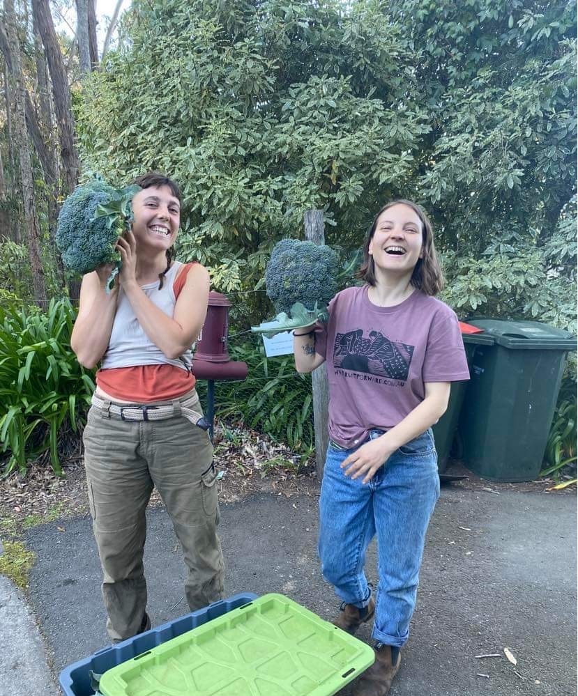 Two laughing women hold up very large broccolis.