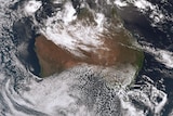 Satellite image of Austraia with deep clouds over North WA, and speckled clouds over the south east. 