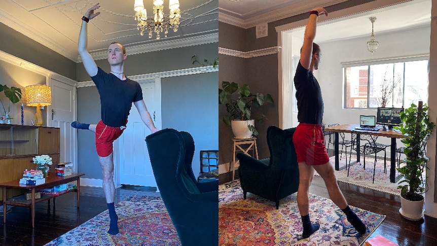 Sydney Dance Company member Liam Green rehearses in his Sydney apartment.