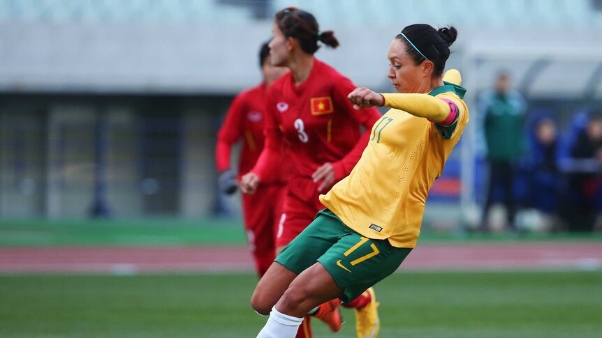 On target ... Kyah Simon scores her second goal for the Matildas against Vietnam