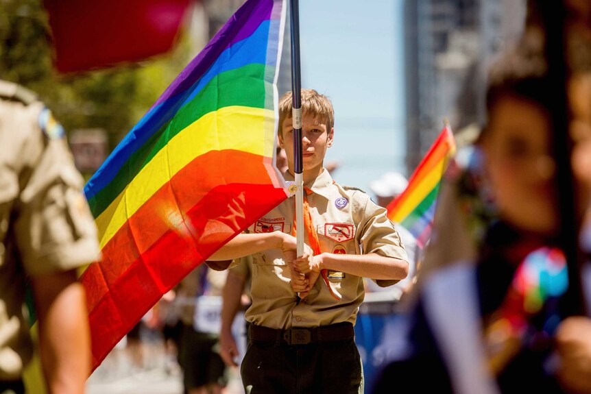A young boy carries a rainbow flag in a Gay Pride parade.