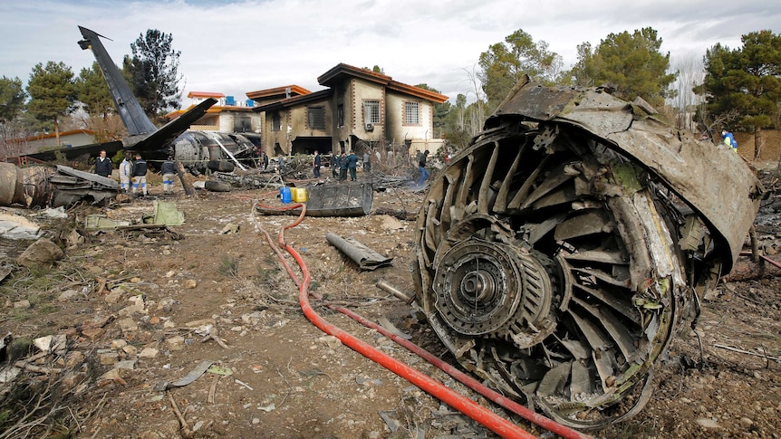 A picture of a burned and ruined turbine engine from a plane crash.