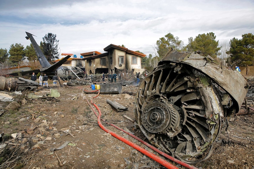 A picture of a burned and ruined turbine engine from a plane crash.