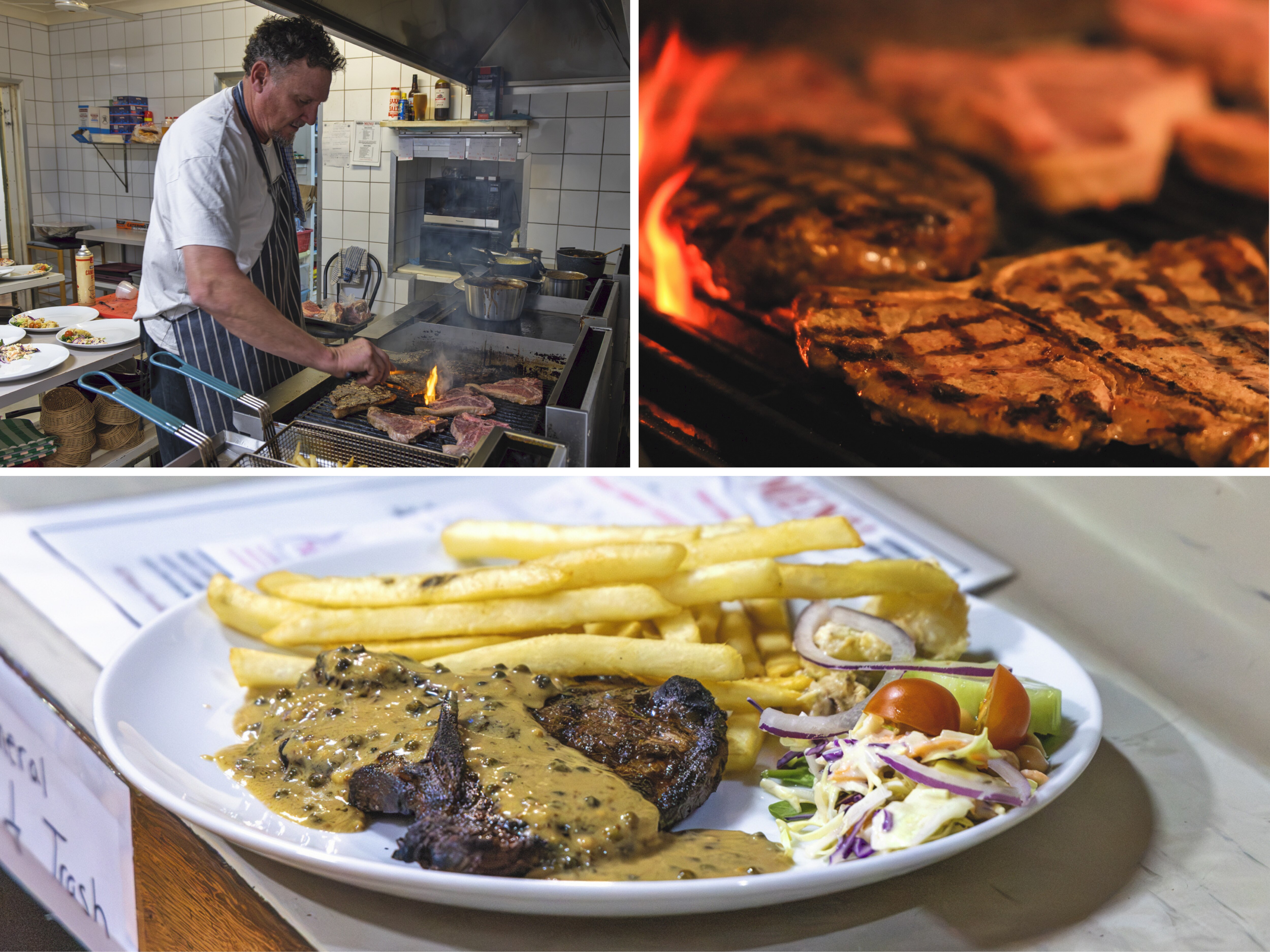 Kirk Pohl grills a T-bone; close of up the T-bone and flames; a cooked T-bone served with chips and salad
