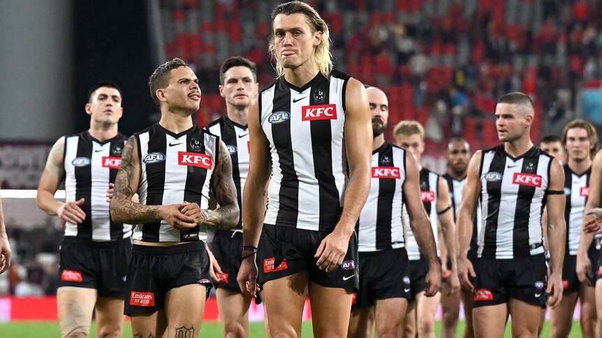 Collingwood walk off the field after AFL loss to Gold Coast.