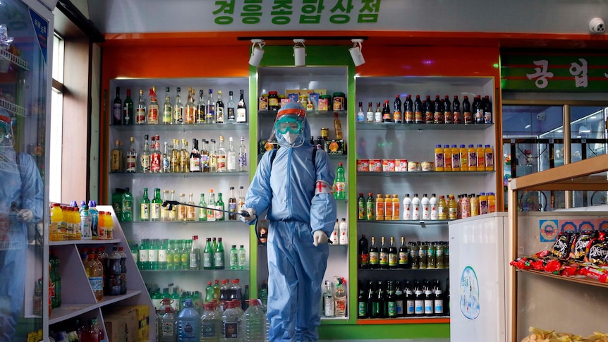 A person in full PPE sprays disinfectant in a grocery shop