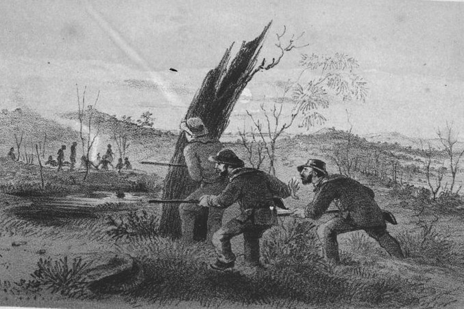 An illustration of three men holding guns stalking a group of Aboriginal people in the distance from behind a tree.