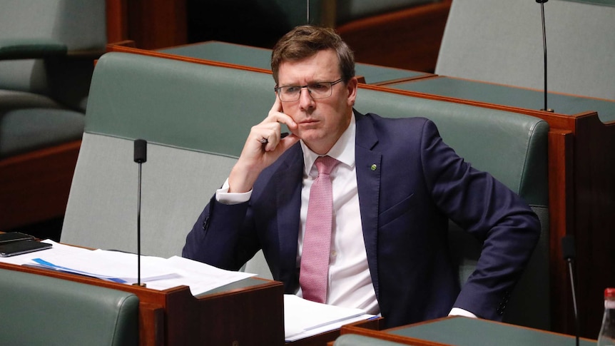 Alan Tudge holds his head in his hand while sitting in the House of Representatives