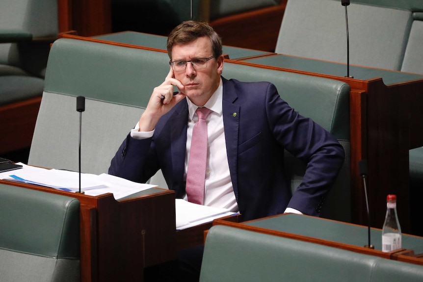 Alan Tudge holds his head in his hand while sitting in the House of Representatives
