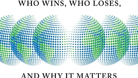 White book cover shows the title and 'who wins, who loses and why it matters' with six dotted images of the globe