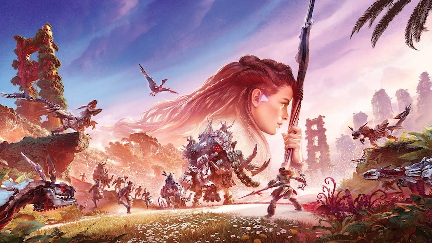 Backdrop of a red-haired warrior with a spear, with a battle scene between the warrior and machines.