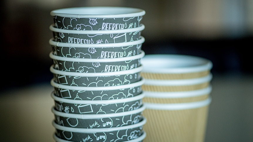 A stack of disposable coffee cups.