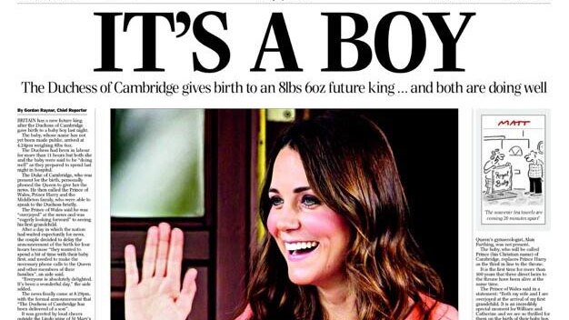 Front page of The Daily Telegraph announcing the birth of a son to Prince William and Catherine.