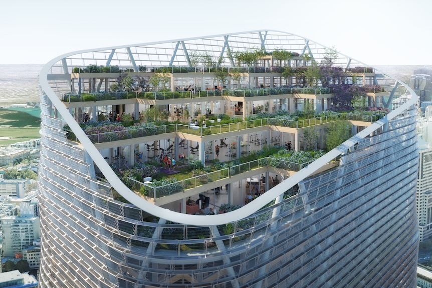 the top floor of a wooden skyscraper in a city