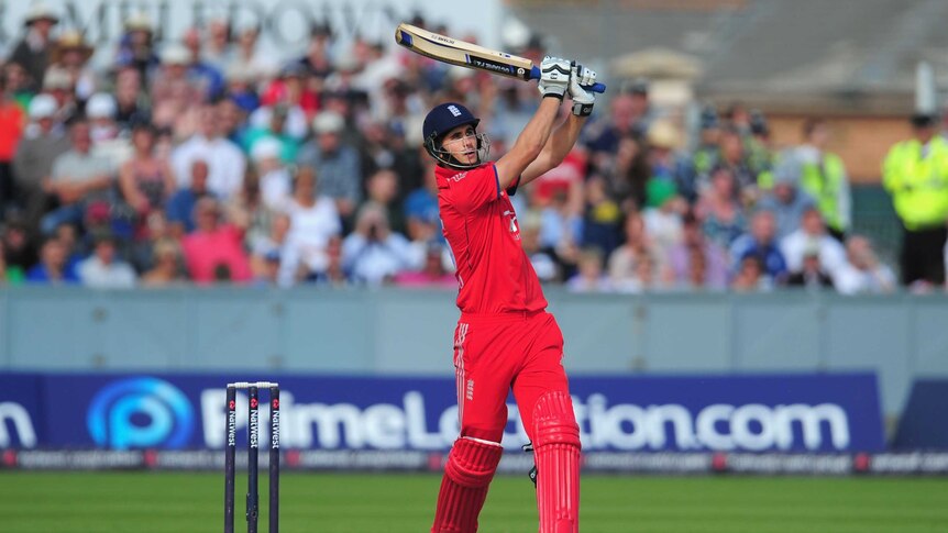 England batsman Alex Hales hits out during the second T20 international against Australia.