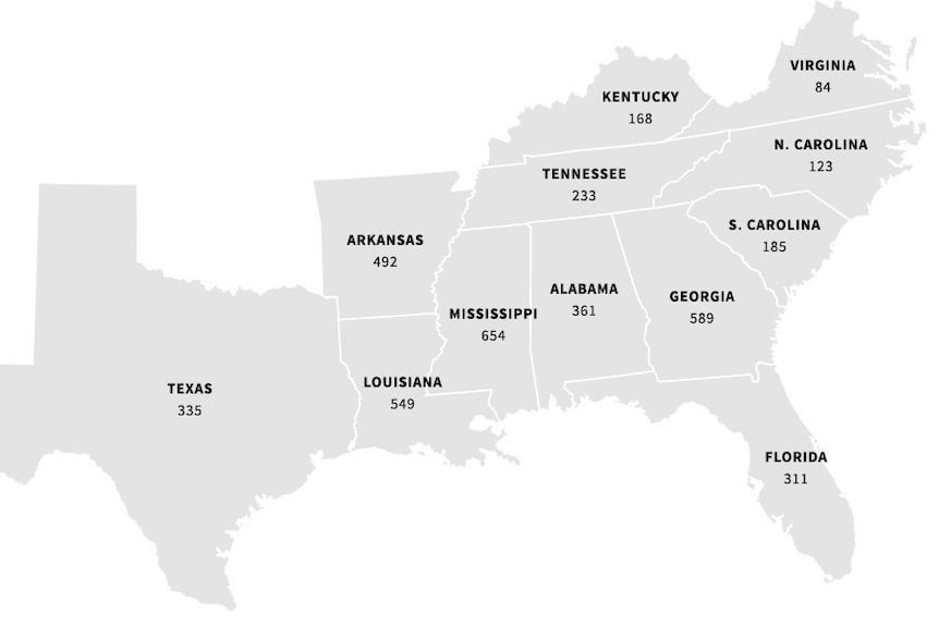 Map showing lynchings by state