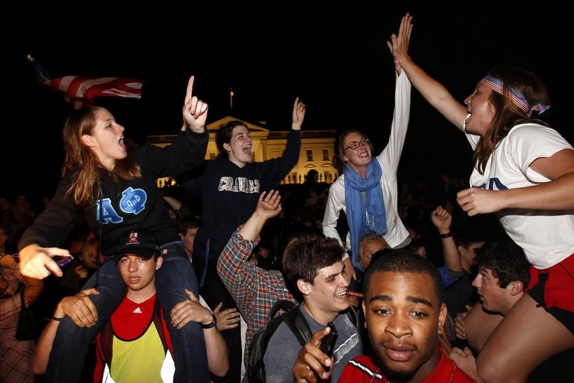 Young people cheer outside the White House in Washington after death of Osama bin Laden is announced
