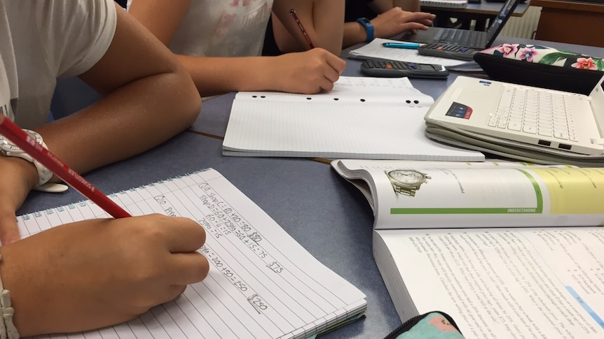 Teenage students solve maths problems in workbooks.