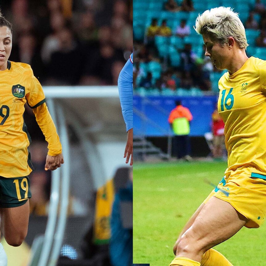 Composite image of Matildas players Katrina Gorry and Michelle Heyman in play