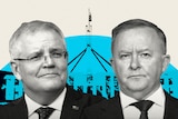 Scott Morrison and Anthony Albanese's headshots in front of a sketch of parliament house