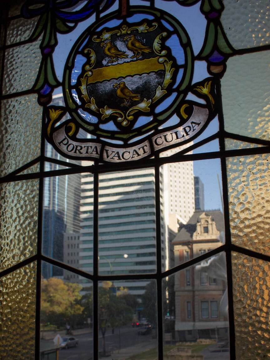 One of the windows of the upper hall, looking out onto St Georges Terrace. 17 July 2014