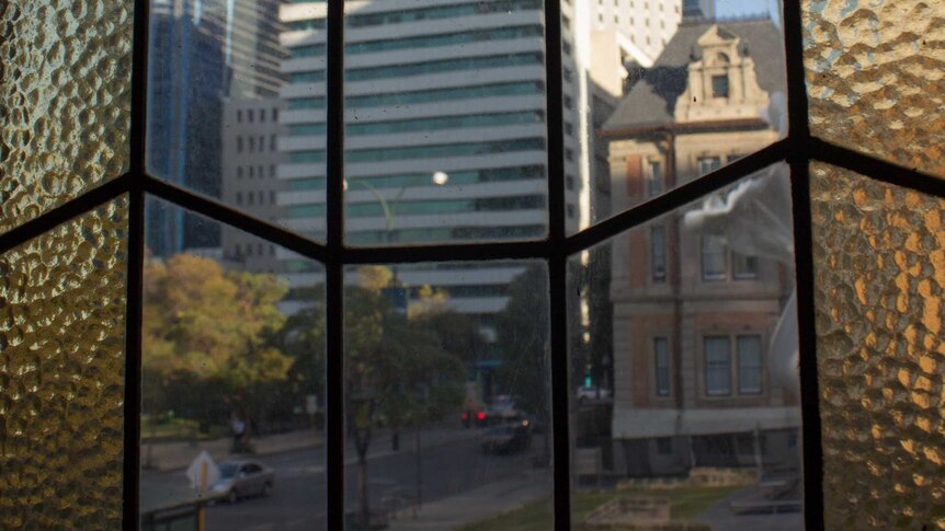 One of the windows of the upper hall, looking out onto St Georges Terrace. 17 July 2014