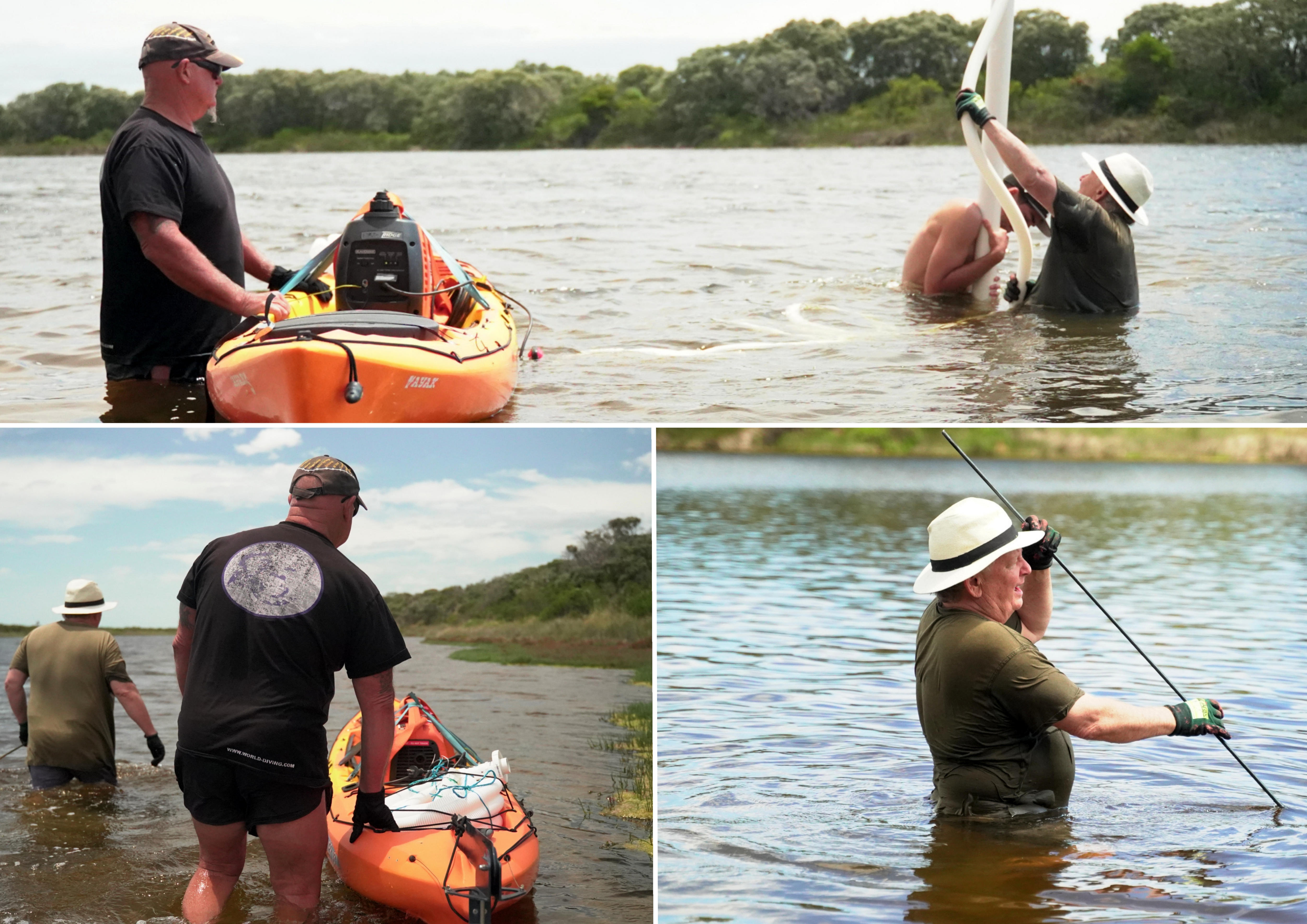 A composite of a search team looking for the Deadwater Wreck.