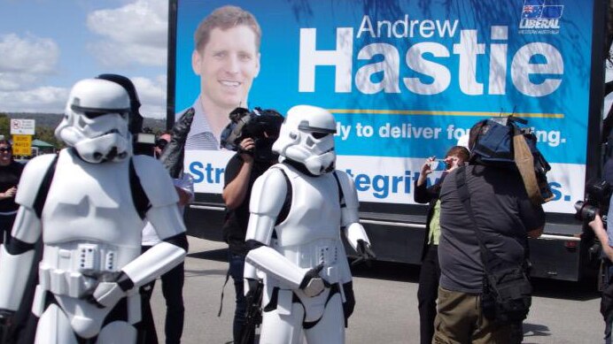 Stormtroopers turn out to vote at a voting booth in Serpentine-Jarrahdale for the Canning by-election