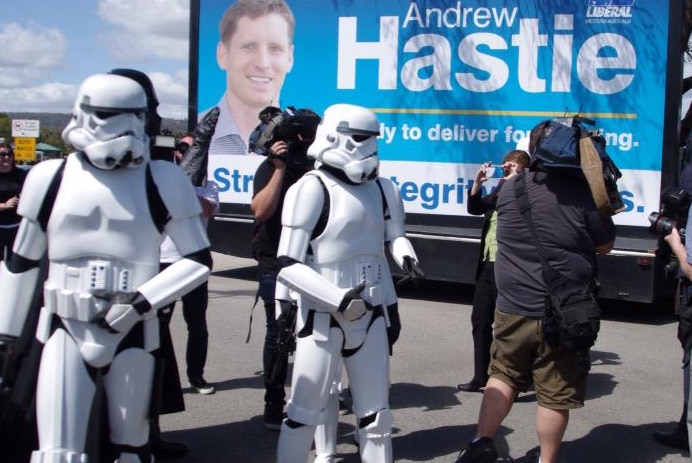 Stormtroopers turn out to vote at a voting booth in Serpentine-Jarrahdale for the Canning by-election