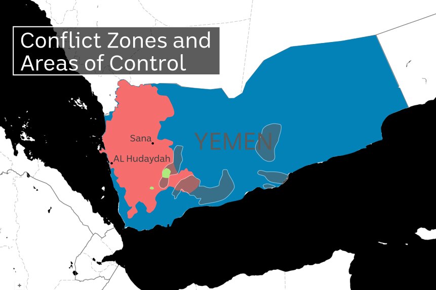 Yemen civil war: Houthi held areas are seen in pink, while the government area of control is shown in blue.