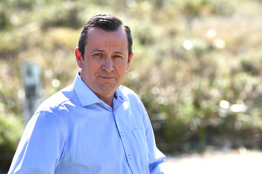 Mark McGowan smiles as he stands with his hands on his hips, wearing a light blue shirt