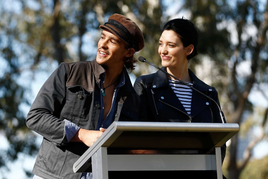 Brenton Thwaites and Tess Haubrich at launch of Tropfest