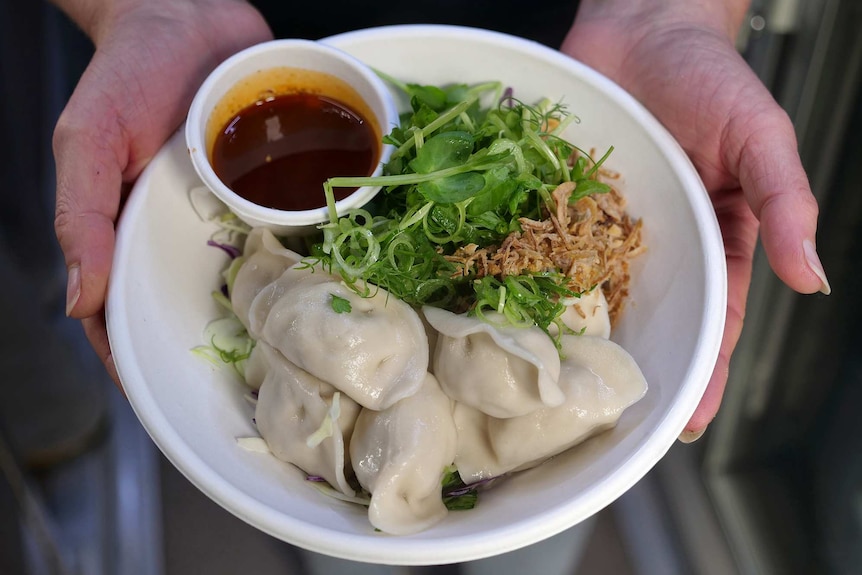Two hands cupped around a plate of Chinese dumplings, greens and dipping sauce.