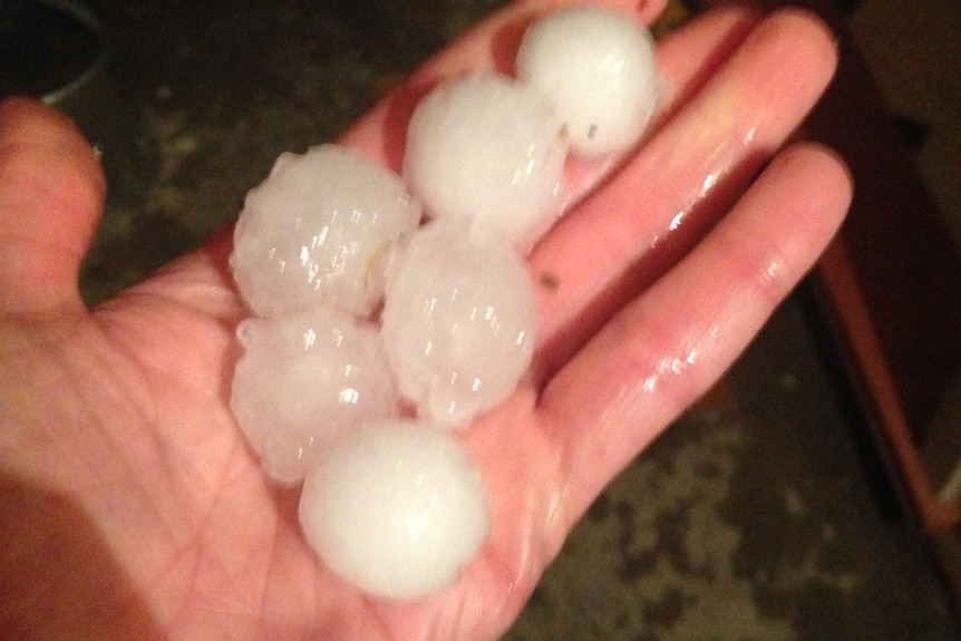 A woman's hand holds pieces of hail