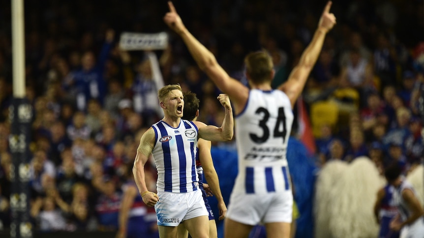 Jack Ziebell celebrates goal for North Melbourne against Western Bulldogs