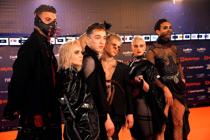 Hatari of Iceland pose on the orange carpet