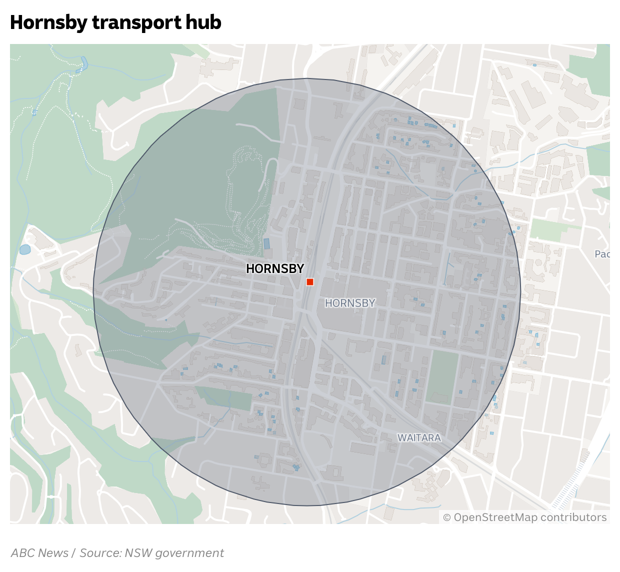 Map showing 1200m zone around Hornsby station.