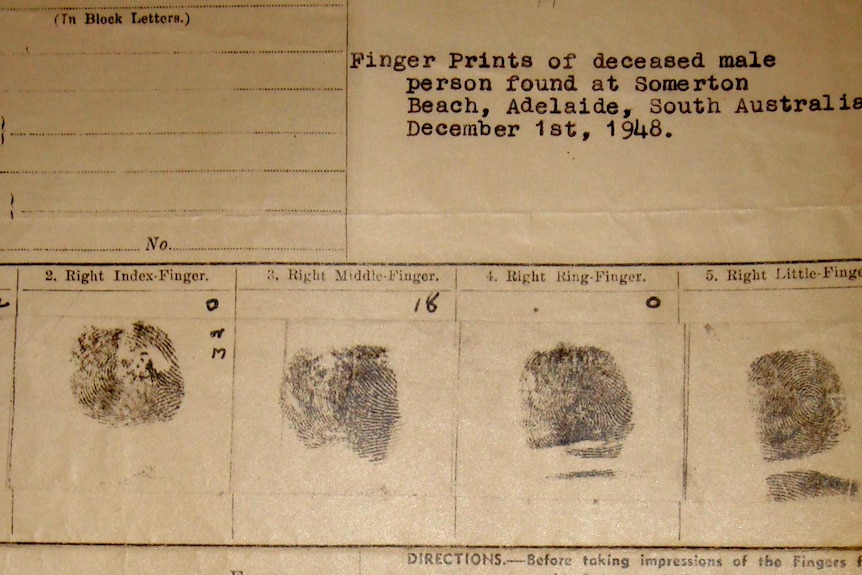 Fingerprints taken from the body of the Somerton Man.