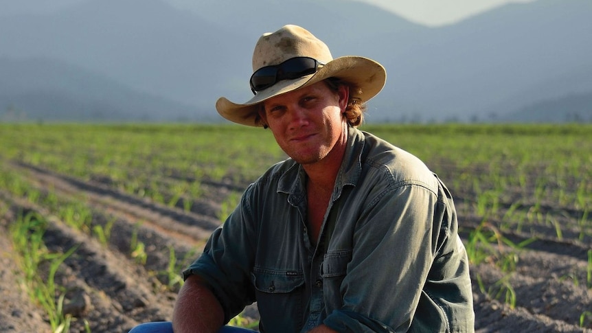 Tully cane farmer Chris Condon crouches on one of his freshly-levelled cane paddocks, ready to be planted