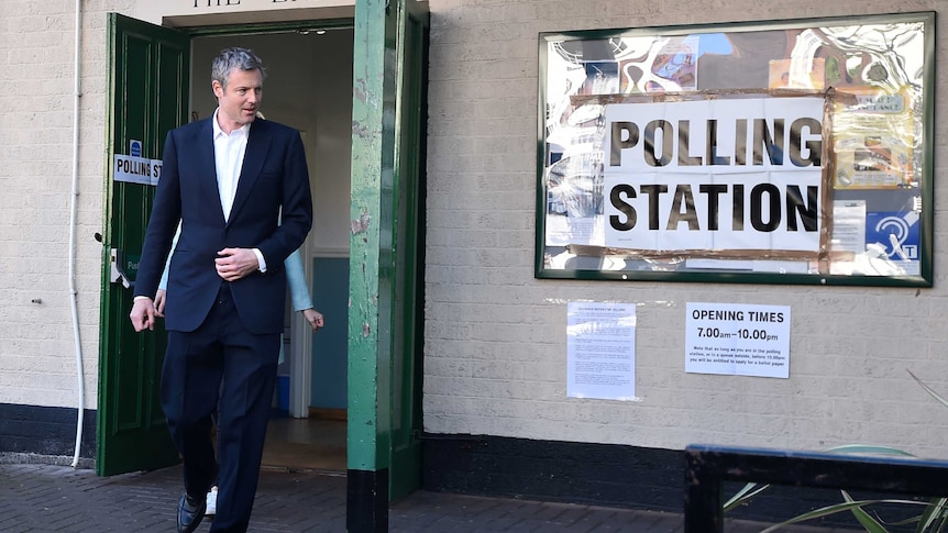 Britain's Conservative party candidate for London Mayor Zac Goldsmith leaves a Polling Station.