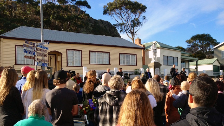 The crowd in front of the memorial in Stanley in north western Tasmania.