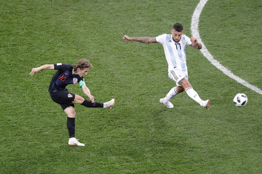 Croatia's Luka Modric shoots the ball