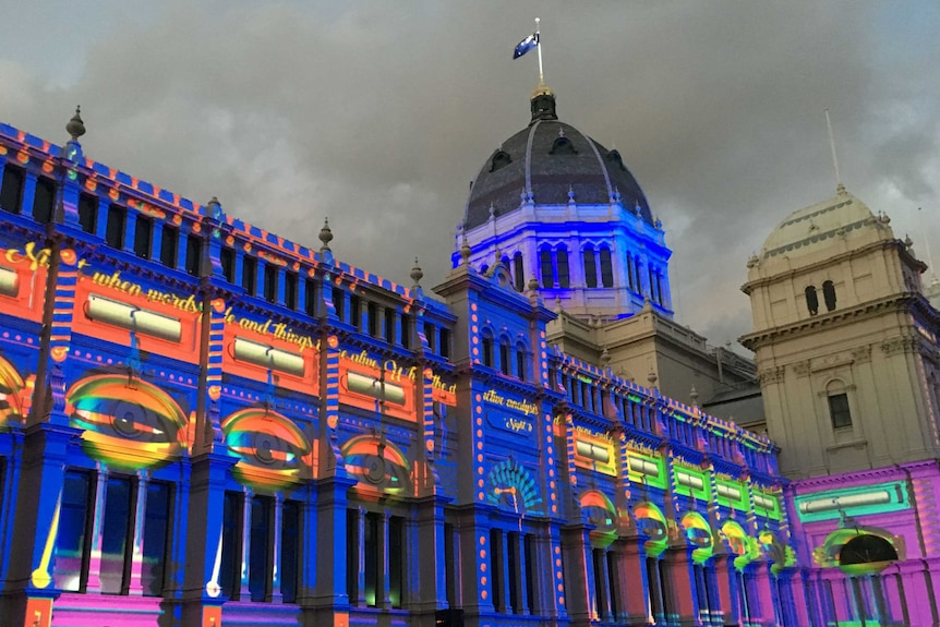 Light show on Royal Exhibition Building in Melbourne during White Night festival on February 18, 2017.